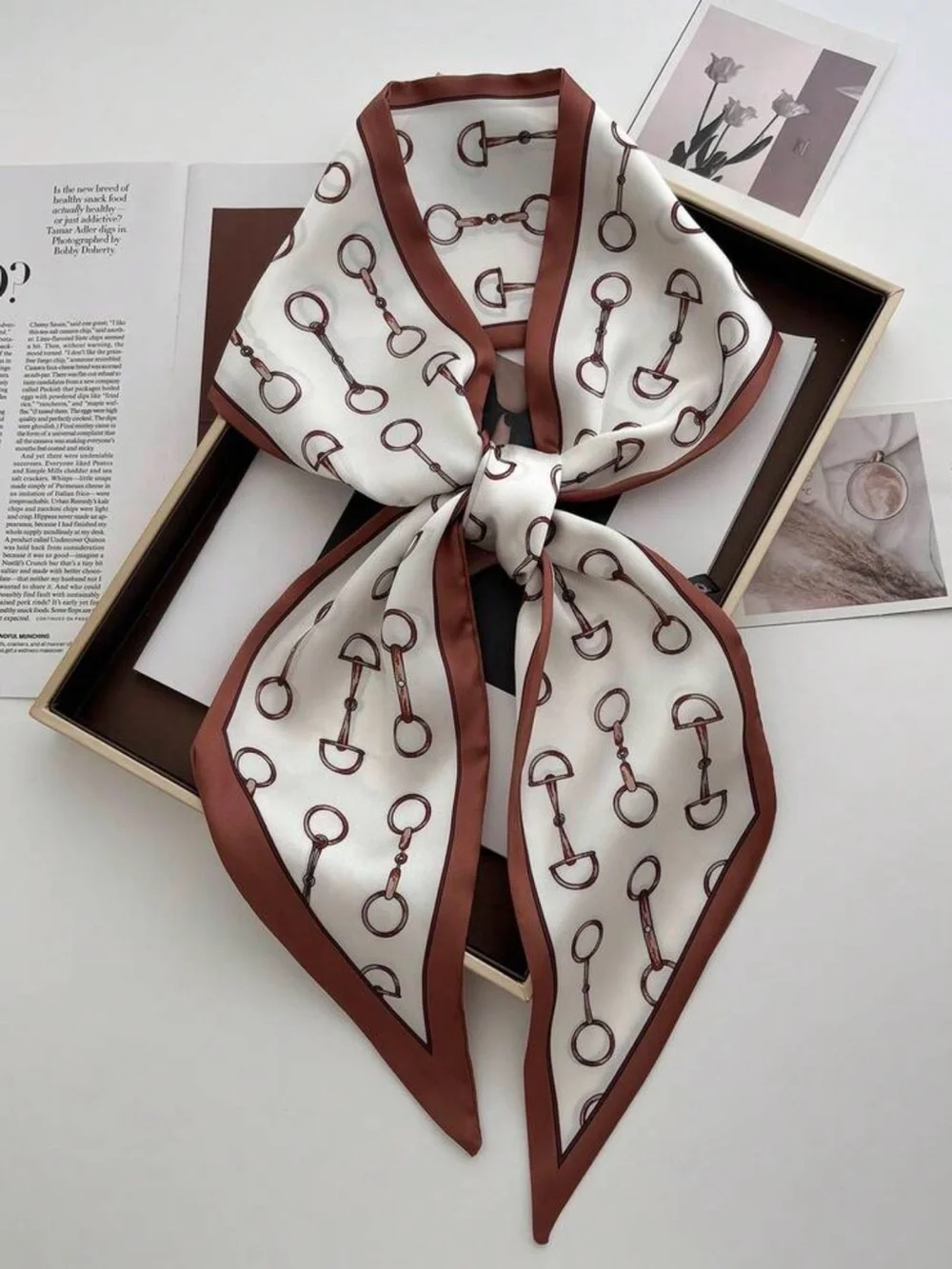 Chic White & Brown Equestrian Print Silk-Feel Scarf